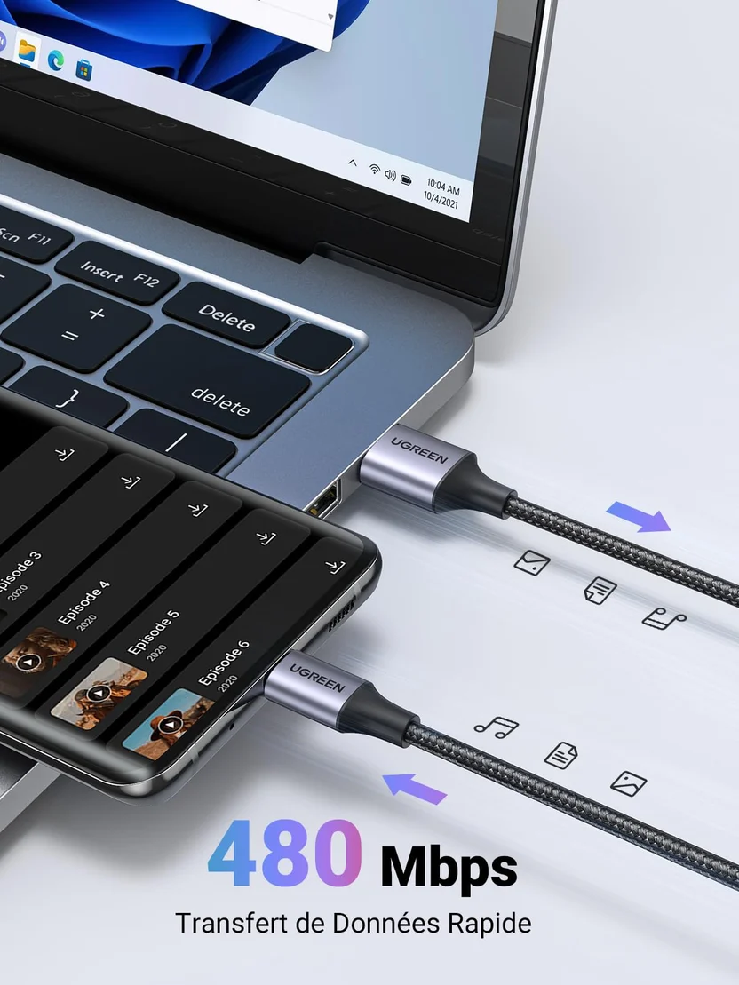 Câble USB-C UGREEN 3A – Charge & synchronisation – 1 m – Tressé renforcé – Image 2