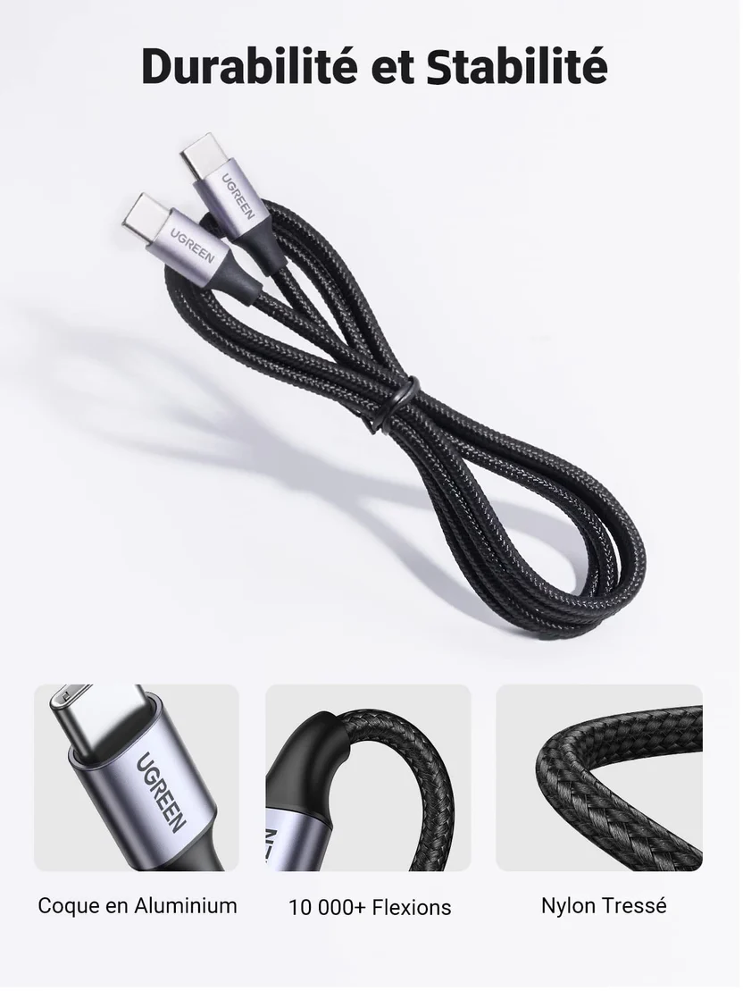 Câble USB-C vers USB-C UGREEN 100 W – 1,5 m – Tressé renforcé – Image 2