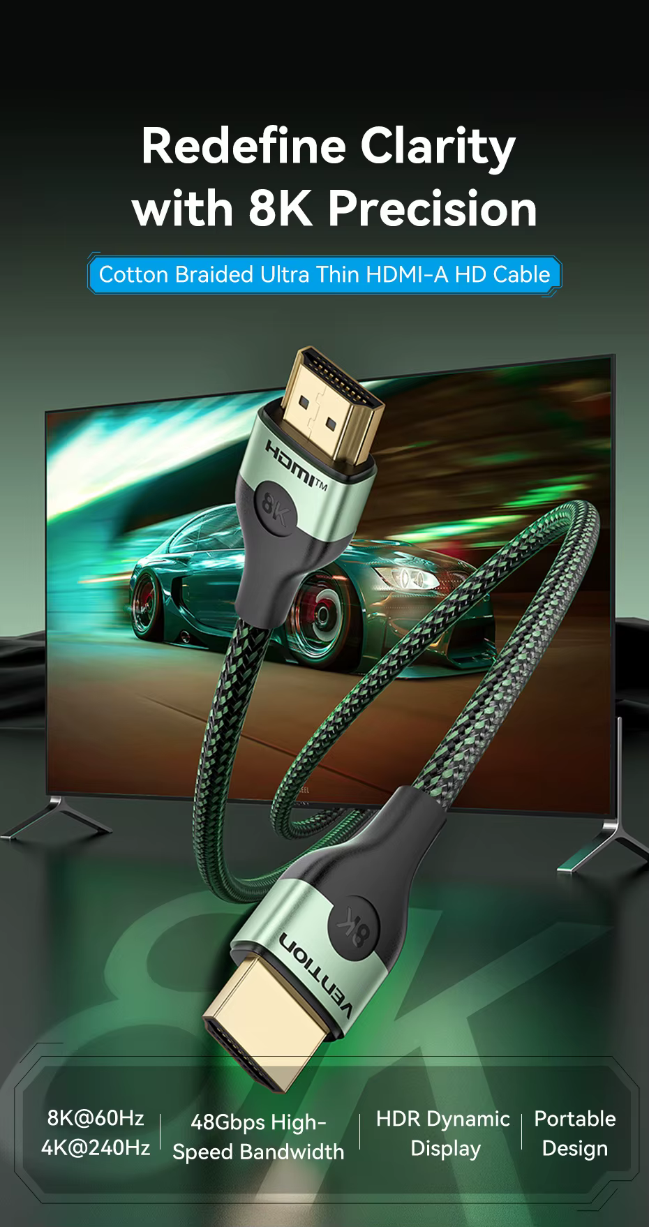 Câble HDMI 2.1 Vention – 8K 60 Hz / 4K 120 Hz – Tressé – Image 2